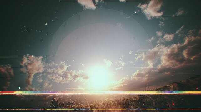 Distorted Atmospheric Sky Field Landscape with Chromatic Aberration and Glitch Effect