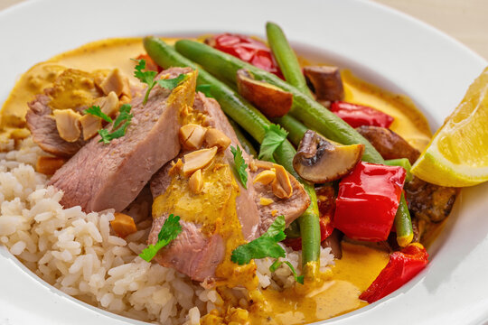 Pork Curry with Rice and Green Beans. Top view.