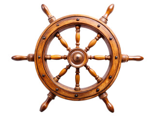 Antique wooden ship steering wheel, with dark metal rivets and polished finish, cutout, PNG isolated on white or transparent background