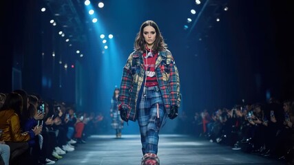 Runway model struts in plaid ensemble, lights above
