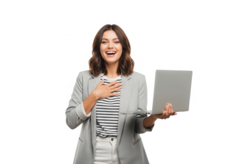Excited woman holding laptop, hand on chest, isolated on transparent background