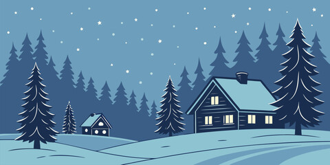 Cozy Winter Village Scene at Night snow cabin