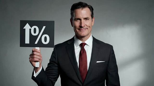 Smiling Business Professional in Dark Suit Holding Sign with Arrow Up One Percent Against Gray Backdrop Studio Lighting with Professional Outfit
