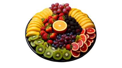 A colorful fruit platter with mangoes, grapes, strawberries, kiwi, and orange slices on a black background