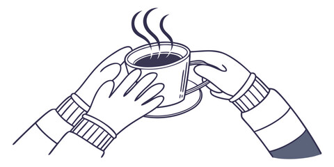 Hands in Mittens Holding Steaming Coffee Cup vector