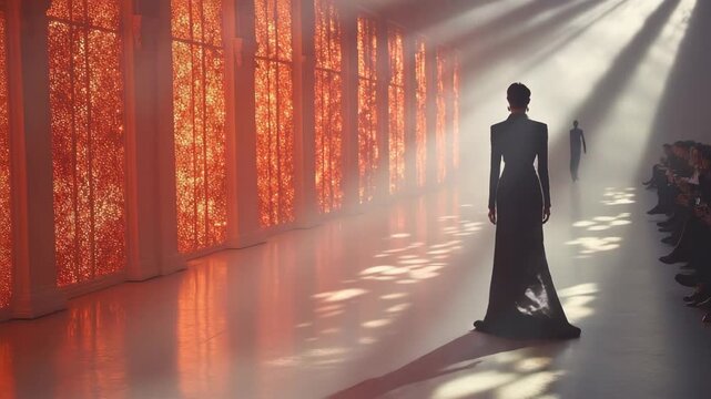 Runway model in black gown walking in light filled space