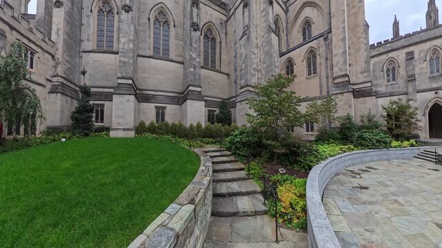 courtyard and stairs leading to the Washington National Cathedral.
