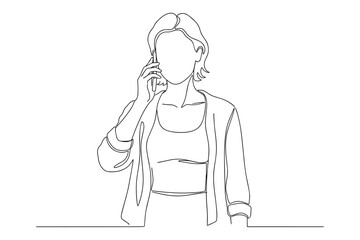 Line Drawing of Person Talking on Phone, Continuous Black Line Art on White Background