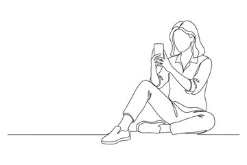 Line Drawing of Woman Sitting and Holding Smartphone,
Continuous Black Line Art on White Background