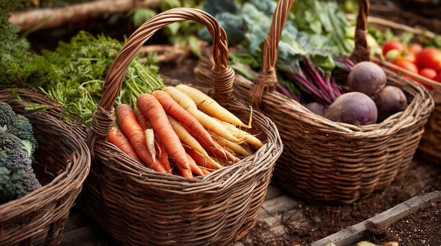 Carrots and beetroot in baskets on the shelves