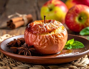 Close-up of a baked apple, spices and other fruit on rustic background
