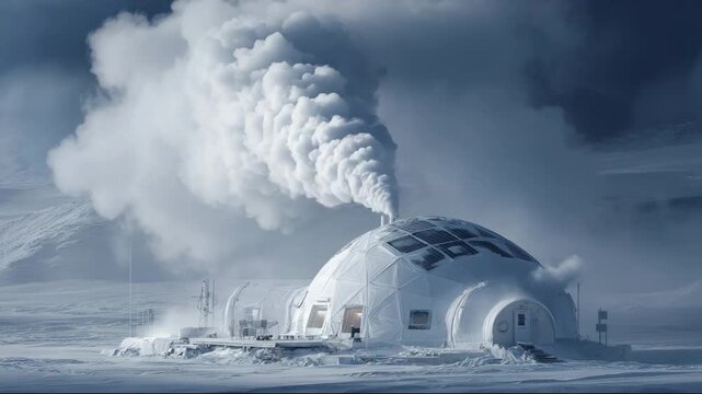 Igloo with smoke rising from chimney in a snowy winter landscape, representing off-grid, eco-living concept  