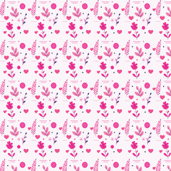 A seamless cute floral pattern featuring pink and purple flowers, hearts, and decorative leaves, perfect for kids’ designs, fabric prints, stationery, and playful backgrounds.