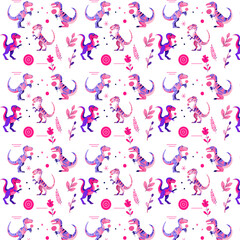 A cute seamless pattern featuring colorful dinosaurs holding lollipops with playful floral accents, perfect for kids’ designs, fabrics, stationery, and creative projects.