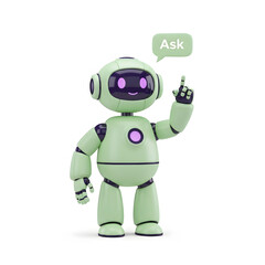 Friendly cartoon robot with a speech bubble indicating a question or idea isolated on white background