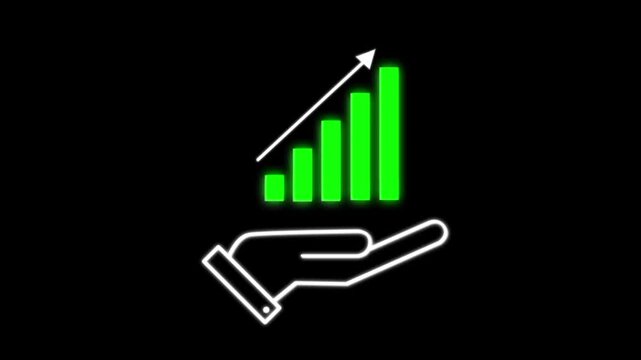 Loopable animation of a hand icon revealing a glowing green bar graph that rises and retracts into the palm. Perfect for finance, business, growth metrics, presentations, and analytics.