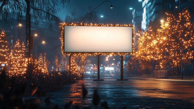 Snowy Chicago night scene featuring illuminated billboard with festive lights, providing space for seasonal marketing against dark winter backdrop. Mock up