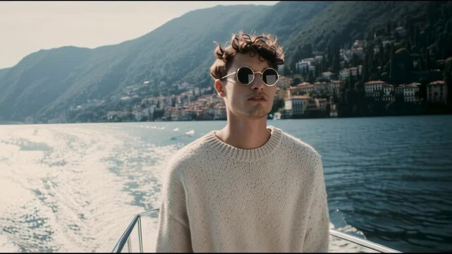 Stylish young man enjoying yacht cruise on lake como in italy