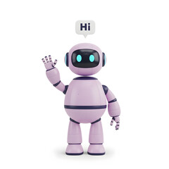 Fototapeta premium Friendly little purple robot with glowing blue eyes waving hello isolated on white background