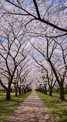 Path lined with blooming cherry blossom trees in springtime nature scene