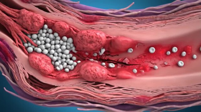 Coronary Artery Damage and Inflammation - A detailed, cross-sectional animation illustrating damage and inflammation within a coronary artery.