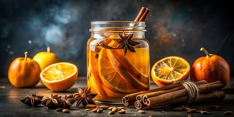 Aromatic autumn spiced drink with orange, cinnamon, and star anise in a jar