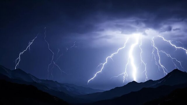 Dramatic Lightning Strikes Over Mountains - A breathtaking view of multiple lightning bolts illuminating a dark, stormy sky over a silhouette of mountains.