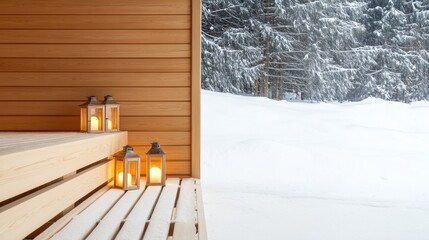 Winter Cabin Porch with Lanterns and Snowy Forest View, Cozy, Retreat