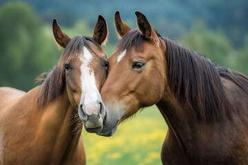 Naklejka premium Two horses nuzzling each other affectionately in a green pasture, warm and tender scene