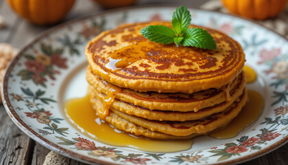 Pumpkin pancakes drizzled with honey served on decorative plate