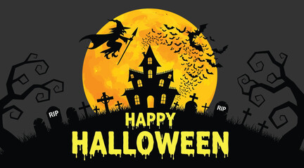 Vector art of festive halloween scene with a haunted house, full moon, flying witch, bats, tombstones, and the words happy halloween, creating a spooky and celebratory atmosphere