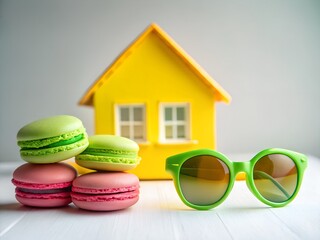 Bright yellow toy house with colorful macarons and sunglasses on a white surface