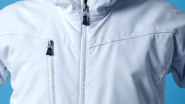 Close up view of a hand taking a smartphone out of the zippered pocket of a white waterproof windbreaker against a blue background