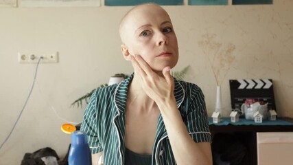 Cancer survivor using SPF cream for sensitive skin during morning routine, concept of self-care, beauty, and health awareness.