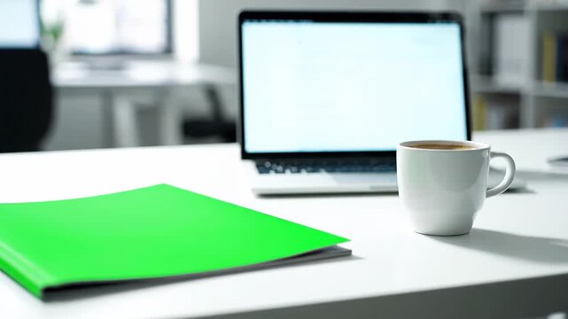 Office environment with a desk setting including a laptop, a mug of freshly brewed coffee, and a vibrant green book, perfect for creating mockup designs