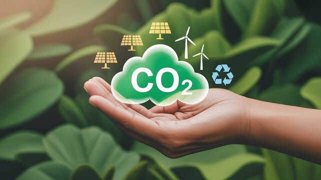Reducing CO2 Emissions and Promoting Sustainability Concept. A hand holds green CO2 cloud icon with environmental symbols, such as solar, wind turbines, and recycling. Reduce carbon and go green.