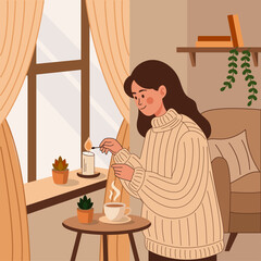 Flat vector illustration of Girl Lighting Candle in Cozy Winter Home, Warm Home Interior with Candles, Sweater, and Tea