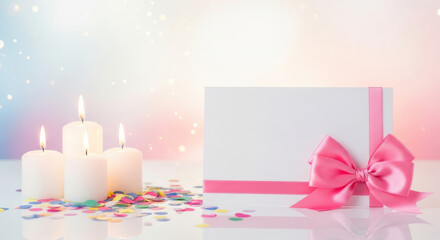 Burning candles with pink ribbon and bow isolated on white background