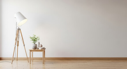 Minimalist interior with lamp, table, plant, and white wall with copy space