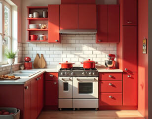 Retro styled red kitchen with vintage cabinets, modern stove, appliances. Red utensils complement interior design. Clean, organised space for cooking, baking. Cosy, charming home kitchen with