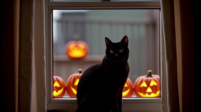 Black cat sitting on a window sill looking out of a window at a row of carved pumpkins.