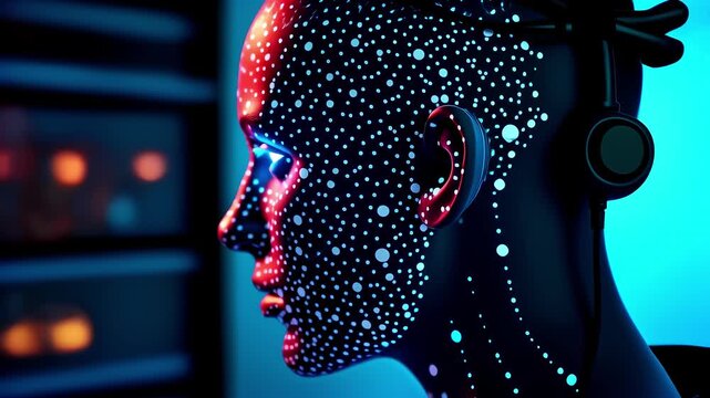 Humanoid robot head with a glowing, dotted pattern on it