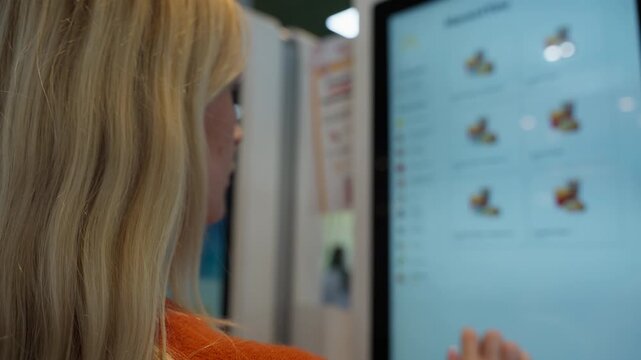 Woman with blonde hair uses self-service touchscreen kiosk at modern restaurant to browse digital menu, select items and complete fast contactless order and payment