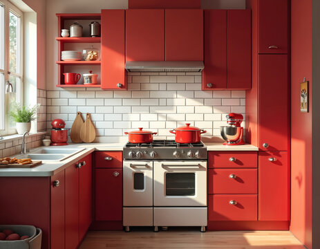Retro styled red kitchen with vintage cabinets, modern stove, appliances. Red utensils complement interior design. Clean, organised space for cooking, baking. Cosy, charming home kitchen with