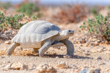 Tortoise moving through a scrubby desert landscape, showcasing its textured shell and determined expression, embodying resilience in a harsh environment