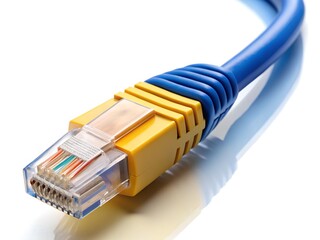 Close up of a blue ethernet cable with a yellow connector on a white background