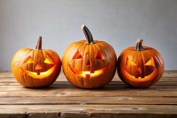 Four Illuminated Jack-o'-Lantern Pumpkins; Festive Halloween Still Life; Warm, Friendly Mood.