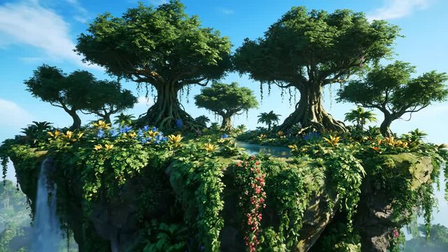 Lush Greenery on a Floating Island - A vibrant, green island floats in the sky, filled with lush trees, flowers, and hanging vines.