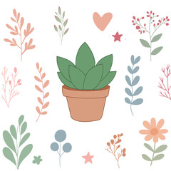 Potted plants set. Interior houseplants in planters, baskets, flowerpots. Home indoor green decor. Set collection vector illustration watercolor 