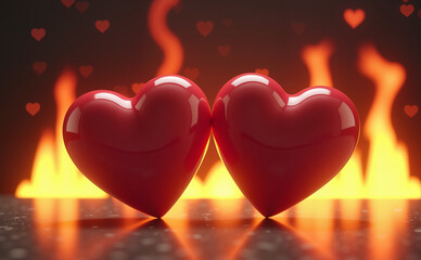 Two shiny, 3D hearts against a backdrop of flames for Valentine's Day celebrations.